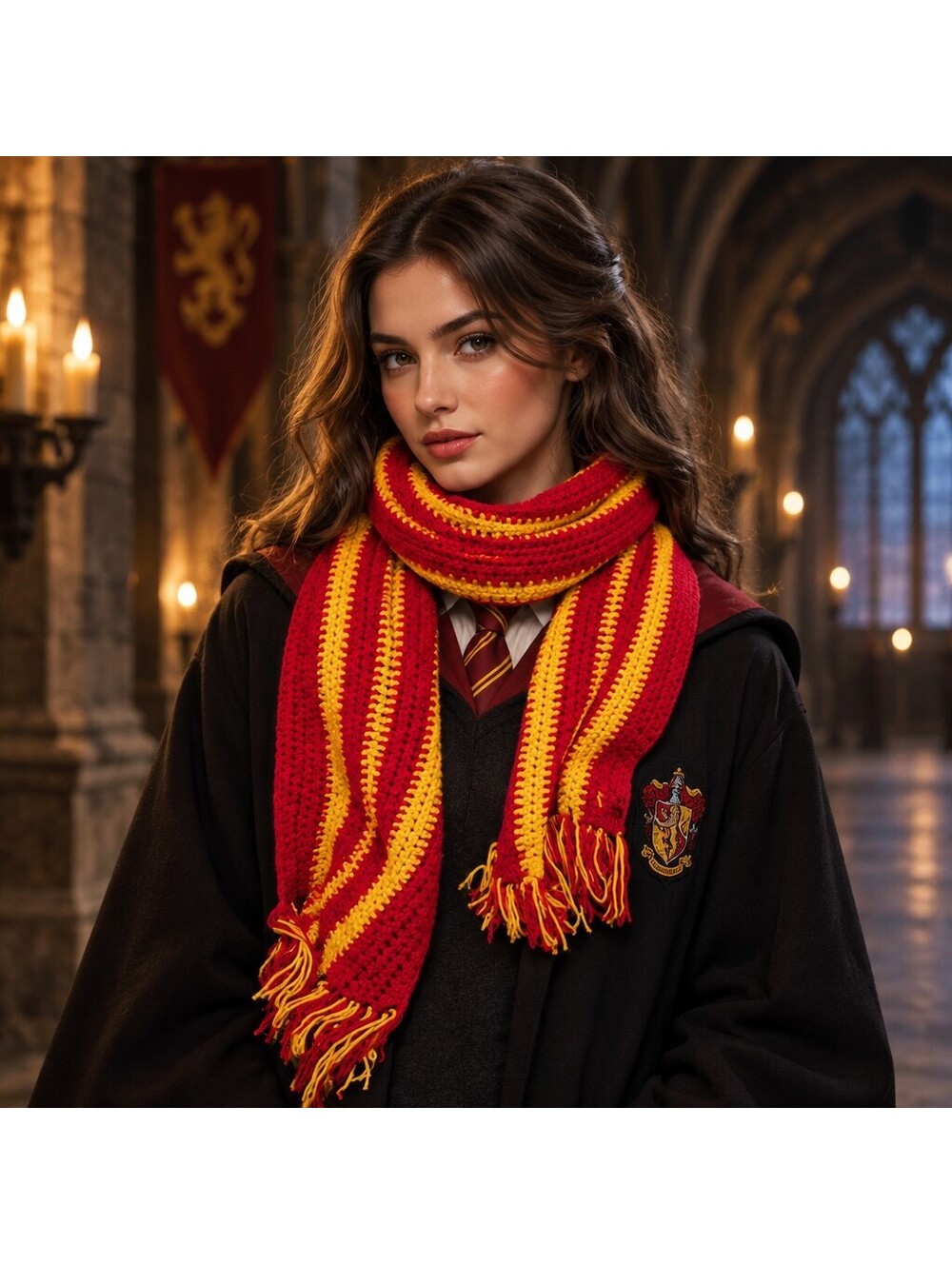 Handmade Crocheted Red & Yellow Scarf Shawl Wizard Cosplay Costume 1035